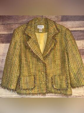 Chadwicks Green-Yellow Tweed Fringe Blazer